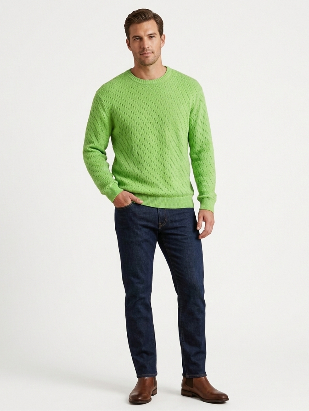 Jos A Bank Signature Collection Cable Knit Sweater Size L Green Crewneck Preppy